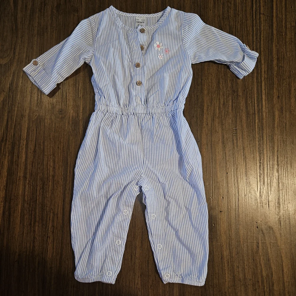 Carter's Blue and White Striped Button-Up Romper